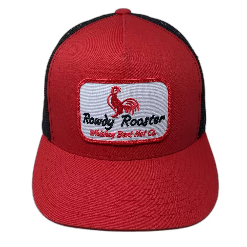 Whiskey Bent Hat Co Trucker Hat Red OS Rowdy Rooster Patch Mesh Snapback Logo